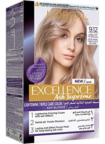 Buy L'Oreal Paris Excellence Hair Dye with Purple Shampoo and Hair Mask, 9.12 Cool Pearl Very Light Blonde 192ml in UAE
