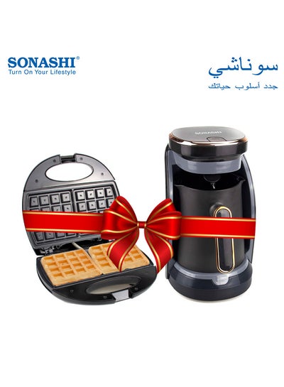 Buy 2-Slice Non-Stick Waffle Maker With Turkish Coffee Maker Bundle 750 W SWM-873/STCM-4962G Black in Saudi Arabia