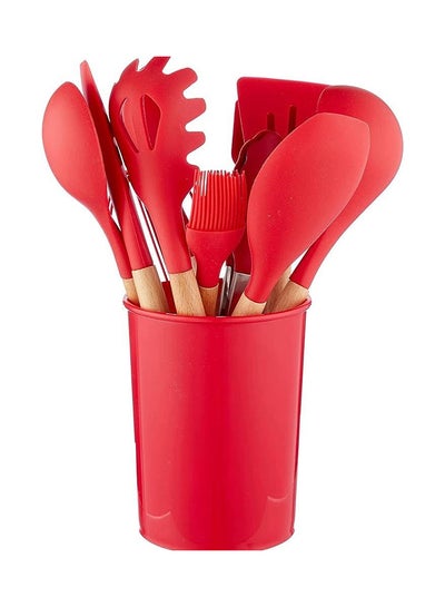 Buy 11-Piece Wooden Handle Non Stick Cookware Spoon Set Red in UAE