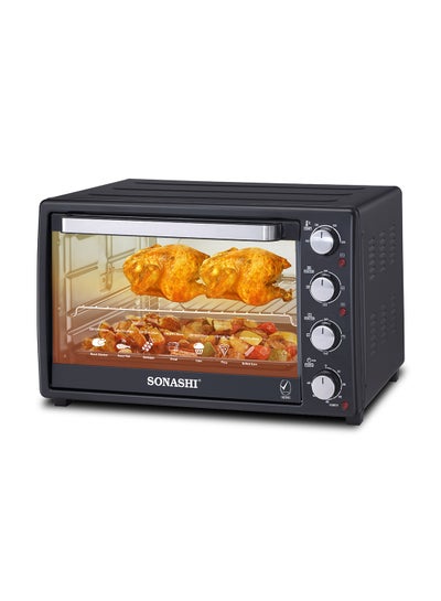 Buy 45L Electric Oven with Convection and Rotisserie Function | Perfect for Grilling, Toasting, and Roasting | 4 Knobs and Temperature 100 - 250 Degrees | 60 Minute Timer with Bell | Accessories: Bake Tray, Wire Rack, Tray Handle, Tong, and 1 set Rotisserie 1800 W STO-735N Black in UAE