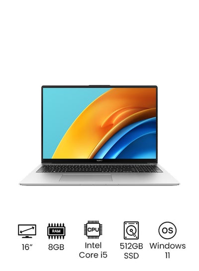 Buy Matebook D 16 Laptop With 16-Inch Full HD With Eye Comfort Full View Display, Intel Core i5-12450H Processor/8GB RAM/512GB SSD/Intel Iris Xe Graphics/Windows 11/ English/Arabic Mystic Silver in Saudi Arabia