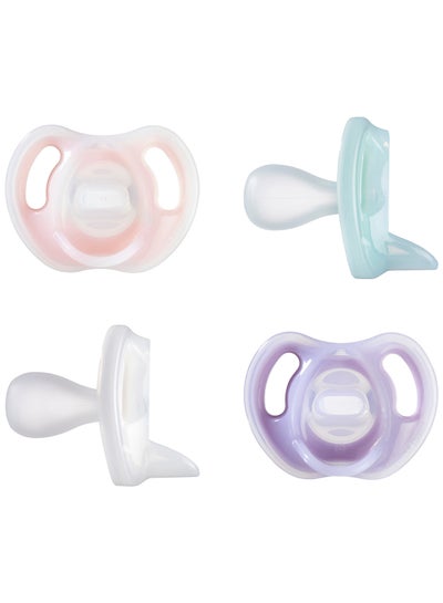 Buy Pack Of 4 Symmetrical Orthodontic Ultra-Light Silicone Soother Dummies, 0 - 6 Months, Girl in Saudi Arabia