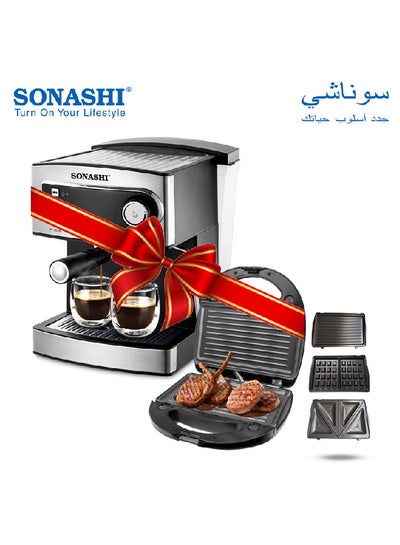 Buy 3-In-1 Non-Stick Multi-Snacks Maker With 15 Bar All In One Stainless Steel Espresso Cappuccino And Latte Coffee Maker Bundle 850 W SSM-861 + SCM-4965 Black/Silver in Saudi Arabia