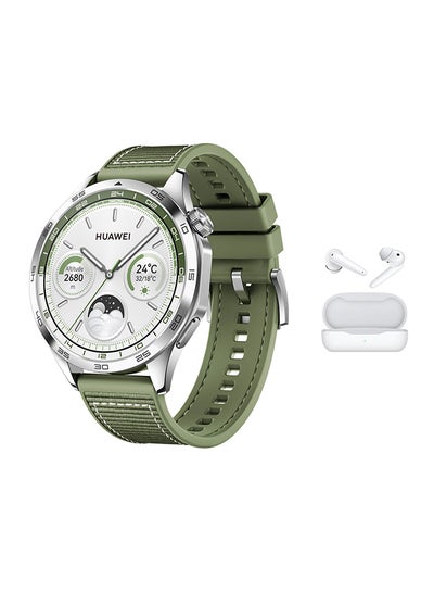 Buy WATCH GT 4 46 mm Smart Watch, 14 Days Battery Life, Science-based Calorie Management, Dual-Band Five-System GNSS Position, Heart Rate Monitor, Android & iOS + White FreeBuds SE - Green in Saudi Arabia