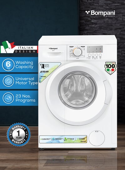 Buy 6kg Front Load Washing Machine, 23 Programs, LED Display, Energy Efficient 66 kWh/Year, IPX4 Rated, Push Button & Knob Control, Low Water Consumption, Quiet Operation, Perfect for Small Spaces BI2876N White in UAE