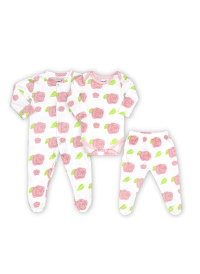 Buy Organic Baby 3 In 1 Gift Set Romper Body Suit Jogger For 0-3 Months Rose Print in UAE