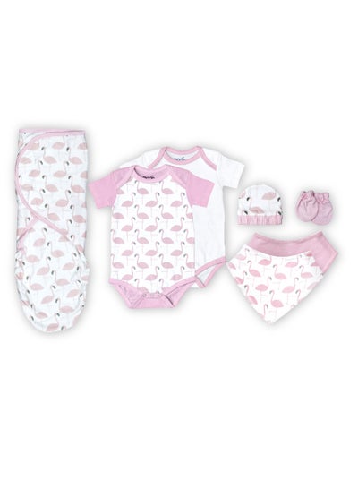 Buy Organic Baby Gift Set Of 7 Rompers-Swaddle-Bibs-Hat-Mitten Set For 3-6 Months Pink in Saudi Arabia