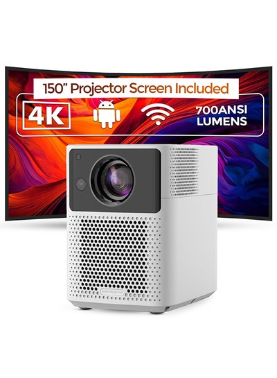 Buy Smart Android Projector 700ANSI Lumens Auto Focus & Auto Keystone 1080P 4K Bluetooth WiFi Portable Home Theater With 150 Inch Projector Screen BBQ7 White in UAE