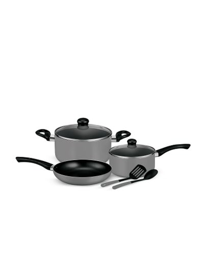 Buy Royalford 7-Piece Non-Stick Press Aluminum Cookware Set- RF11953| Aluminum Body With 3-Layer Non-Stick Coating, CD Bottom, Bakelite Handles And Glass Lid Grey 53cm in UAE