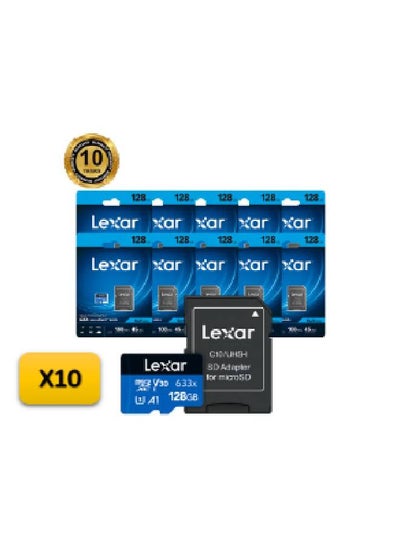 اشتري Lexar 128GB High-Performance 633x UHS-I microSDXC Memory Card with SD Adapter - pack of 10 - 10 years warranty - official distributor 128 GB في مصر
