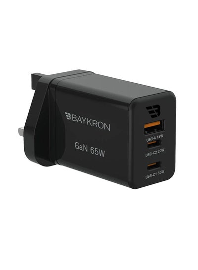 Buy Premium GaN Ultra Fast Triple Port Wall Charger With USB-A 18W And USB-C PD 65W Black in Saudi Arabia