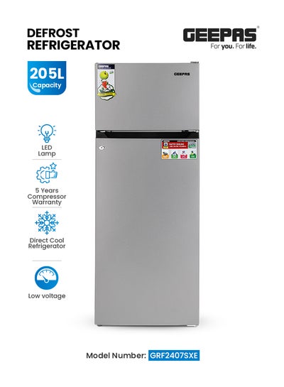 Buy Double Door Defrost Refrigerator With Adjustable Thermostat ,Capacity 205 L/7.2 Cu.Ft  (Refrigerator Capacity 168L & Freezer Capacity 37 L), Tempered Glass Shelves/Faster Cooling/Door Lock & Key 140 W GRF2407SXE-1/GRF2407SXEN Grey in Saudi Arabia