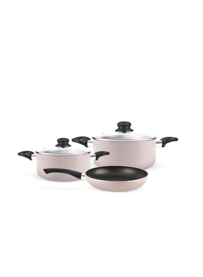 Buy Royalford 5pcs Non Stick Cookware Set RF11973 Aluminum Press Body with 3 Layer Coating CD Base Bakelite Handles and Tempered Glass Lid Pink Large in UAE
