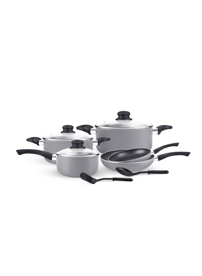 Buy Royalford 10pcs Non Stick Cookware Set RF11972 Press Aluminum Body with 3 Layer Coating CD Base Bakelite Handles and Tempered Glass Lid Grey Large in UAE