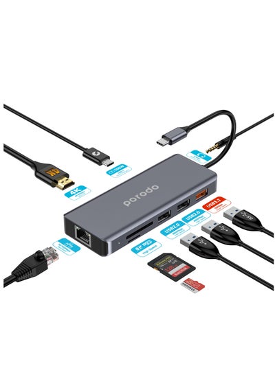 Buy 9 In1 USB-C Hub Type-C PD 100W HDMI Ethernet USB SD Card 3.5Mm Aux Grey in UAE