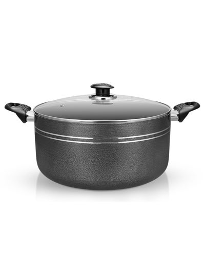 اشتري Royalford 26CM Press Aluminium Casserole RF11962 With 2 MM Body Thikness, Heat Resistant Exterior, Strong Bakelite Handles, Tempered Glass Lid With Steel Frame, PTFE, PFOA Free, Non Stick Coated Black 26cm في السعودية