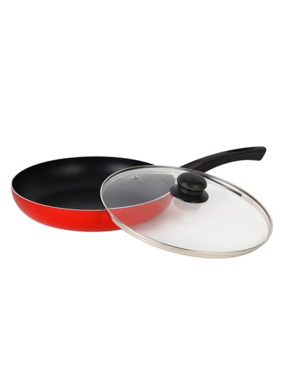 Buy Royalford 22 CM Aluminum Fry Pan- RF11975| With Tempered Glass Lid, Strong Aluminum Body With Non-Stick Coating And Bakelite Handle| Compatible With Hot Plate, Halogen, Ceramic And Gas Stovetops Red & black 22cm in Saudi Arabia