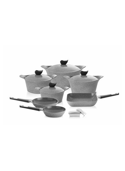 اشتري 11 Pieces Korean Granite Cookware Set Grey Pot: 18  + 20 + 22  + 24 - Frying pan: 20  + 24 - Grill pan: 28cm في السعودية