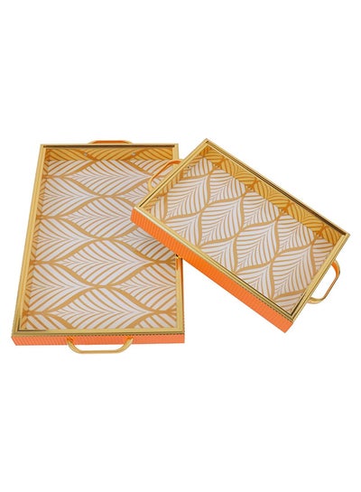 Buy 2-Piece Arabic Style Tray Set Elegant Gold Finish With Handles Stackable Easy to Clean Convenient to Store 25.0cm in UAE