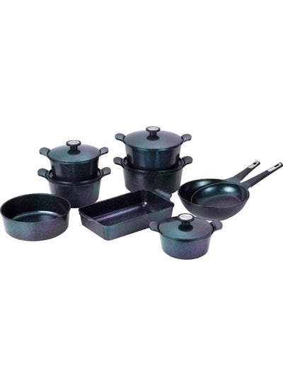 Buy 14 Pieces Korean Extrama Granite Cookware Green Green 20cm granite pot with lid 22cm granite pot with lid 24cm granite pot with lid 26cm granite pot with lid 28cm granite pot with lid 26cm granite frying pan 30cm cast marble frying pan Medium rectangular oven tray Round oven tray Size 28cm milliliter silicone handlesml in Saudi Arabia