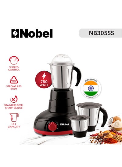 Buy 3 in 1 Mixer Grinder With Stainless Steel Sharp Blades and Heavy Duty Motor | Water Drain System | 3 Stainless Steel Jar | Overload Protector with 1.5 L 750 W NB305SS Black/Red 1.5 L 750 W NB305SS Black/Red in UAE