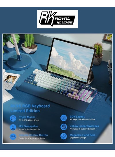 Buy RK ROYAL KLUDGE RK96 RGB Limited Ed, 90% 96 Keys Wireless Triple Mode Bluetooth 5.0/2.4G/USB-C Hot Swappable Mechanical Keyboard w/Software Support & Massive Battery, RK Brown Switch, Forest Blue in UAE
