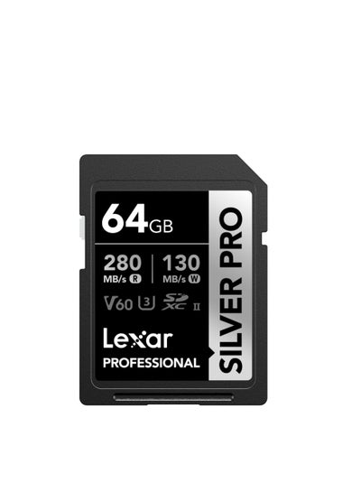 Buy Lexar Silver Pro SD Card 64GB, UHS-II Memory Card, V60, U3, C10, SDXC Card, Up To 280MB/s 64 GB in Egypt