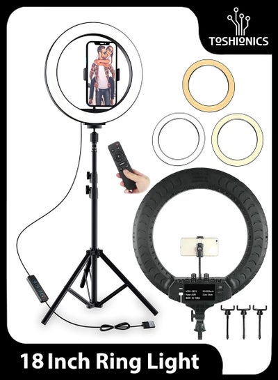 Buy 18 Inch LED Photography Ring Light Circle Studio Selfie Light Dimmable With 2.1 Meter Tripod Stand Remote And Mobile Phone Holders For Makeup Camera Photography YouTube Video TikTok Vlog Live Stream White in Egypt