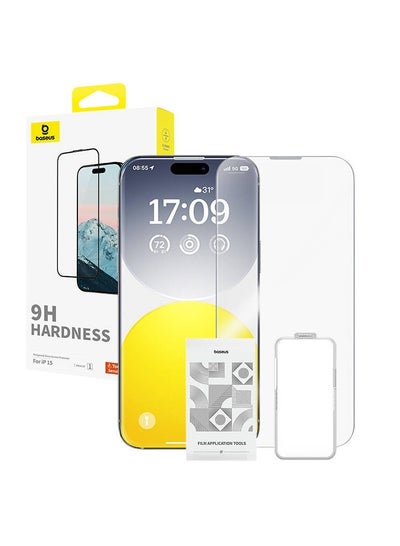 اشتري OS-Baseus Diamond Series Full-Coverage HD Tempered Glass Screen Protector for iP 15, Clear (Pack of 1, with cleaning kit and EasyStick installation tool) في مصر