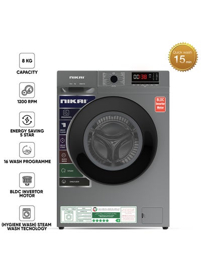 Buy 1200 RPM Front Load Washer With 16 Programs, Energy Saving BLDC Inverter Motor 5 Star Rating, Steam Wash, Digital LCD Display, Child Lock, Fully Automatic Washing Machine 8 kg 109 kW NWM801FN9S Dark Grey in UAE