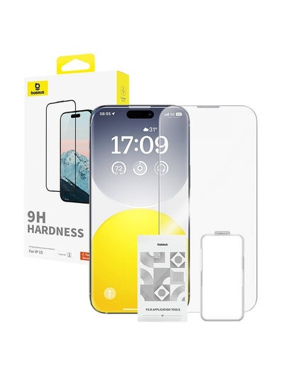 اشتري OS-Baseus Diamond Series Full-Coverage HD Tempered Glass Screen Protector for iP 15 Pro, Clear (Pack of 1, with cleaning kit and EasyStick installation tool) في مصر