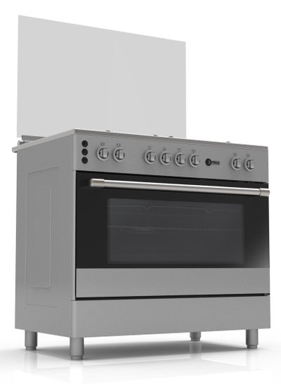 Buy Japan  Free Standing Gas Oven Stainless Steel 5 Gas Burners Mechanical Timer Closed Door Grilling With Double Burners Glass Top Lid Rotisserie G-MARK ESMA ROHS Certified AF-90 silver in UAE