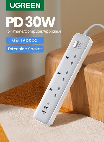 Buy Power Strip Extension With PD 30W 2A1C USB Ports【Smart Chip Bulit in】 Surge & Over Heat & Overcurrent Protection Power Socket Cord 3AC Power Outlets Universal Extension Plug With 2M Extension Cord White in Saudi Arabia