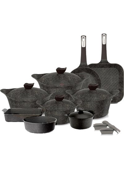 اشتري Set of 14 Black Marble (5 Pots 18-20-22-24-28 + Round Oven Tray 28 + Frying Pan 26 + Grill 28 + Rectangle Oven Tray) في مصر