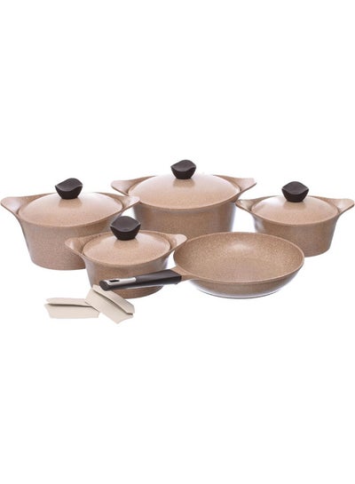 Buy Set of 11 Brown (4 Pots 18-20-24-28 + Frying Pan 28) + 2 Silicone Gloves As A Gift in Egypt