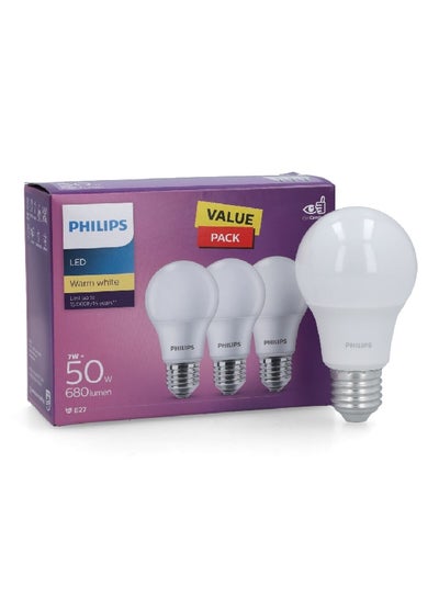 Buy 3-Piece 7W 680-Lumen E27 Long Lasting LED Bulb Set Warm White PHI-929002298986 in Saudi Arabia