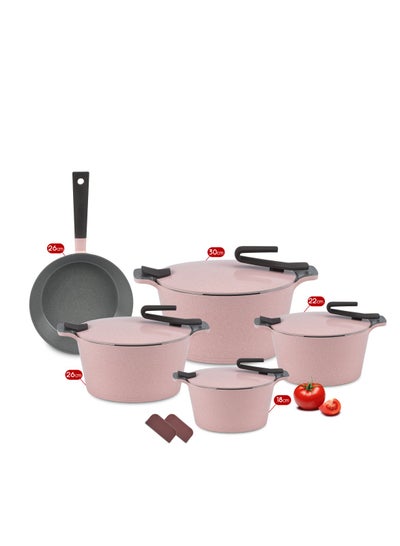 Buy 9PiecesGranite set of healthy non-stick rounded kitchen cookware made of Pyrex artisan granite, with a rose frying pan. pink in Egypt