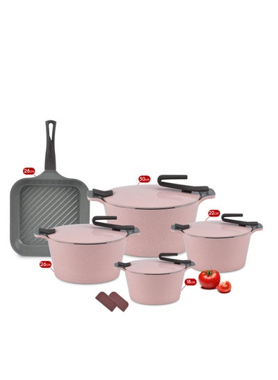 Buy 9Pieces Granite Kitchen Cookware Set, Healthy, Non-Stick, Round, Artisan Pyrex Granite, Grill Rose pink in Egypt