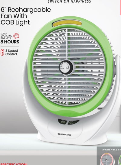 Buy 6-Inch Rechargeable Mini Fan With COB Light Long Working Hours And 3 Wind Speed High Performance 2400mAh Lithium Battery OMF1874 Multicolour in Saudi Arabia