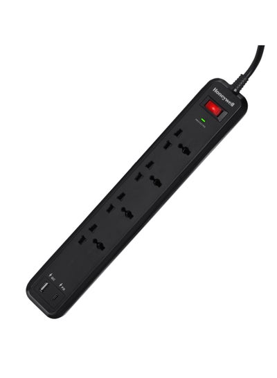 Buy Honeywell Surge Protector, Master Switch, 4 Universal Sockets, 15000Amp, 2 Meter Cord, Device Secure Warranty, Automatic Overload Protection,3 Year Warranty Black-Value series in UAE