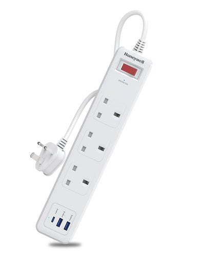 اشتري Honeywell 3 Out Surge Protector with Master Switch, Spike Guard/Extension board, 3 Outlet, PD20W & 2xUSB, 471 Joules, 1.8 Meter Cord, DSW, Automatic Overload Protection, 3 Years Manufacturer Warranty White في الامارات