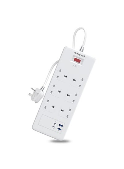 اشتري Honeywell 6 Out Surge Protector with Master Switch, Spike Guard/Extension board, 6 Outlet, 2xPD20W & 2xUSB, 1050 Joules, 1.8 Meter Cord, DSW, Automatic Overload Protection, 3 Years Warranty White في الامارات