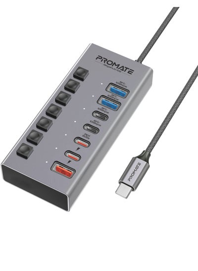 اشتري Promate 7-in-1 USB-C™ MultiPort Hub,  Dual 10Gbps USB-C™ Ports, Dual 10Gbps USB-A™ Ports, Fast Charging USB-C and USB-A Ports, Efficient 20W USB-C™ PD Port, Individual Power Switch, GegaHub-10G Grey في السعودية