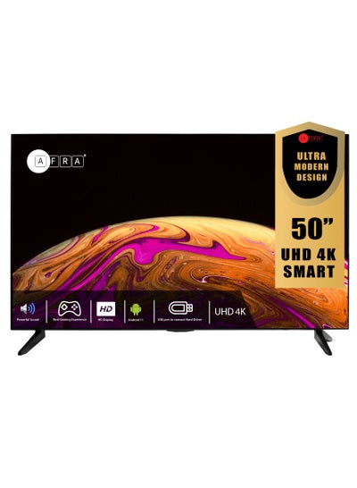 اشتري Smart TV 50 Inch UHD 4K Frameless LED Android 11 HDMI USB VGA PC & Game Console Connection Internet Streaming Netflix Hulu YouTube Prime Video AF-50114KBK Black في الامارات