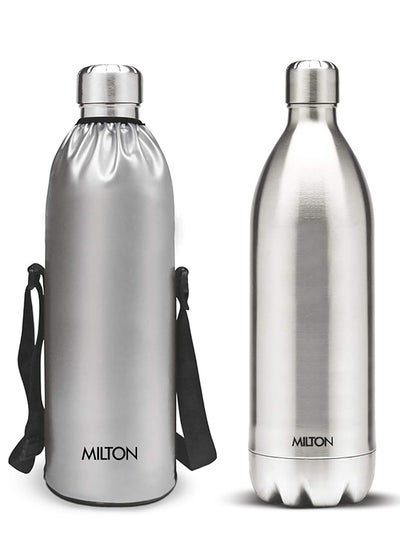 اشتري Insulated Water Bottle (60 oz), Stainless Steel Double Walled Vacuum for 24 Hours Hot and Cold with Bag, Leakproof, BPA Free for Sport, Gym, Bike, Travel, Thermosteel Duo DLX 1800, Silver Silver في الامارات