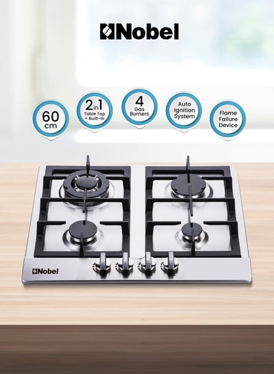 Buy Built-In Hobs, 4 Gas Burners with Flame Failure Device, Energy Saving Burner, Stainless Steel Panel, Cast Iron Pan Support, Elegant Knob, Auto Ignition NBH6401 Stainless Steel in UAE