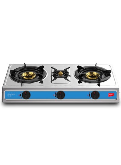 اشتري 3 Burner Stainless Steel Gas Stove with High Durable Burners, Blue Flame With High Efficiency, L-Shaped Gas Inlet Pipe, Auto Ignition Knobs For Easy Operation and High Impact Stainless Steel Body IGS 125 Silver في الامارات