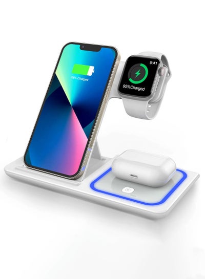 اشتري Wireless Charger Foldable 3 in 1 Fast Charging Stand Station for Phones Apple Watch Dock Samsung iPhone White في الامارات