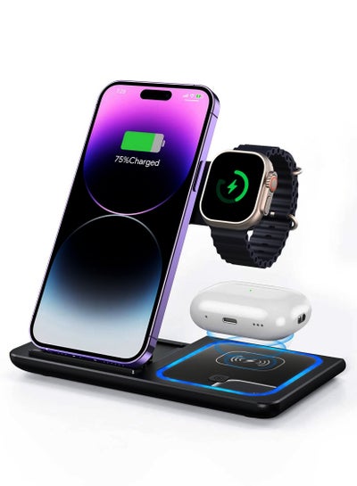 اشتري Wireless Charger Foldable 3 In 1 Fast Charging Stand Station For Phones Apple Watch Dock Samsung iPhone Black في الامارات