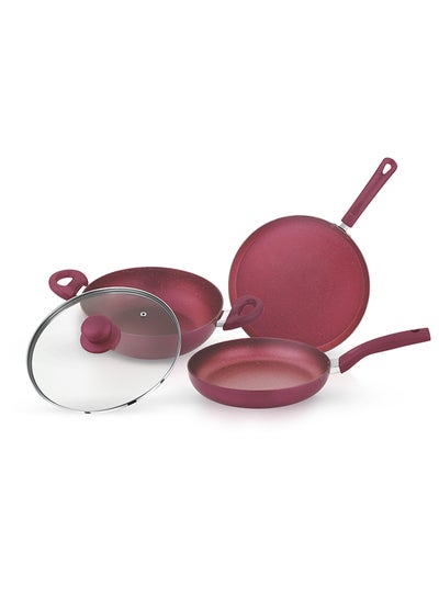 اشتري Royalford 4-piece Granite Cookware Set- RF11959/ Press Aluminum Body with Durable 5 Layer Coating/ Dot Induction Base, Heat-Resistant Bakelite Handles and Tempered Glass Lid Multicolor في الامارات